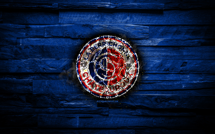 Berrichonne Chateauroux FC, Ligue 2, burning logo, football, blue wooden background, french football club, LB Chateauroux, grunge, soccer, Berrichonne Chateauroux logo, Chateauroux, France