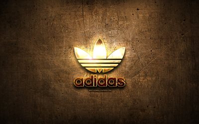 Adidas golden logo, creative, brown metal background, Adidas logo, brands, Adidas