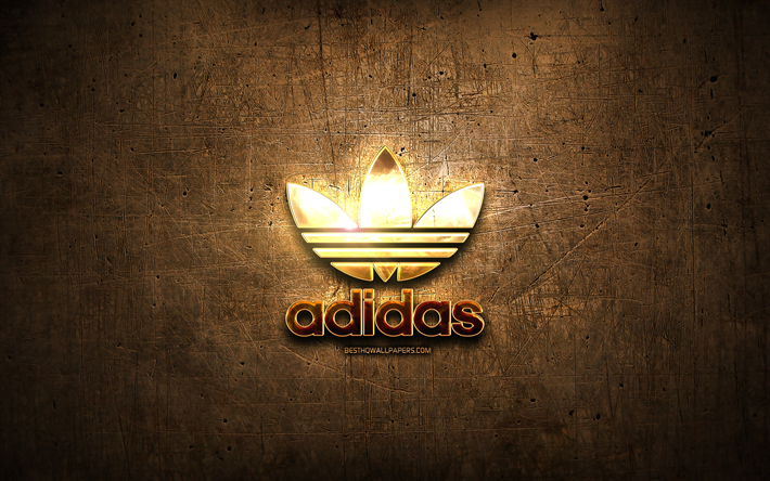 Adidas altın logo, yaratıcı, kahverengi metal arka plan, Adidas logosu, marka, Adidas