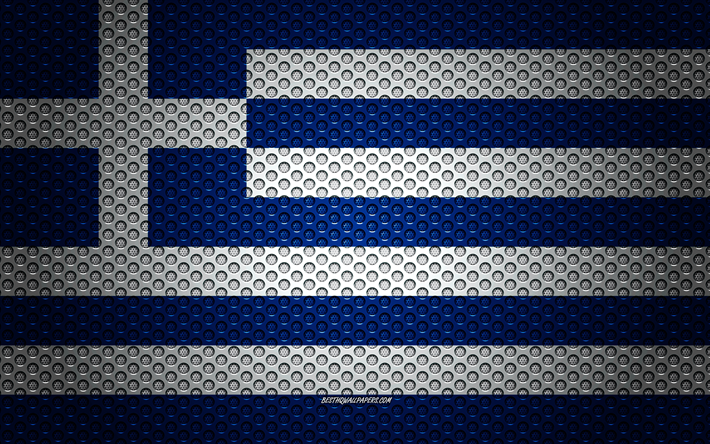 Flag of Greece, 4k, creative art, metal mesh texture, Greek flag, national symbol, Greece, Europe, flags of European countries