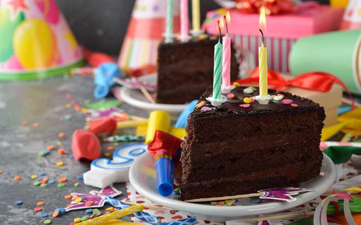 Happy Birthday, chocolate cake, candles, greeting card, birthday concepts, sweets, cakes