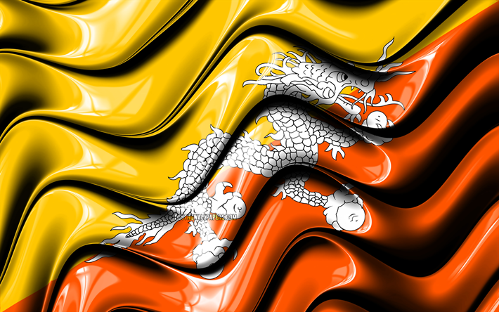 Bhutan bayrağı, 4k, Asya, ulusal semboller, Bhutan Bayrağı, 3D sanat, Bhutan, Asya &#252;lkelerinden Bhutan 3D bayrak