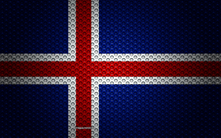 Islannin lippu, 4k, creative art, metalli mesh rakenne, kansallinen symboli, Islanti, Euroopassa, liput Euroopan maiden