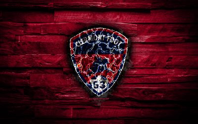Clermont Foot FC, Ligue 2, burning logo, football, red wooden background, french football club, Clermont Foot 63, grunge, soccer, Clermont Foot logo, Clermont-Ferrand, France
