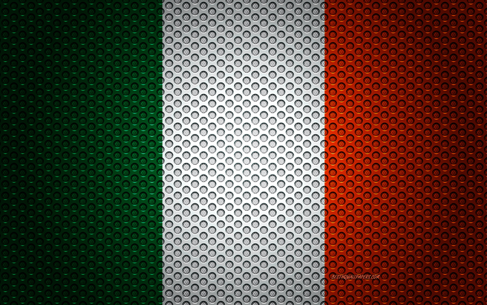 Bandeira da Irlanda, 4k, arte criativa, a malha de metal textura, Irlanda bandeira, s&#237;mbolo nacional, Irlanda, Europa, bandeiras de pa&#237;ses Europeus