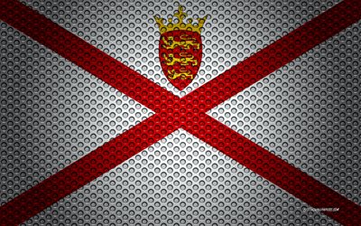 Flag of Jersey, 4k, creative art, metal mesh texture, Jersey flag, national symbol, Jersey, Europe, flags of European countries