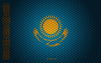 Flaggan i Kazakstan, 4k, kreativ konst, metalln&#228;t konsistens, Kazakiska flagga, nationell symbol, Kazakstan, Europa, flaggor f&#246;r Europeiska l&#228;nder