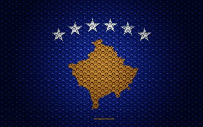 flagge von kosovo -, 4k -, kunst -, metall textur, kosovo flagge, nationales symbol, kosovo, europa, flaggen der europ&#228;ischen l&#228;nder