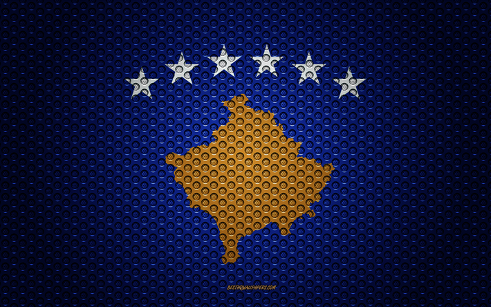 Kosovon lippu, 4k, creative art, metalli mesh rakenne, kansallinen symboli, Kosovo, Euroopassa, liput Euroopan maiden