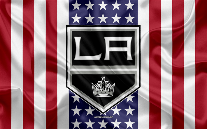 Los Angeles Kings, 4k, logo, stemma, seta, trama, bandiera Americana, American hockey club, NHL, Los Angeles, California, USA, National Hockey League, hockey, seta bandiera