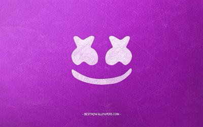 Marshmello, valkoinen logo, retro-tyyli, violetti tausta, amerikkalainen dj, Marshmello logo, tunnus