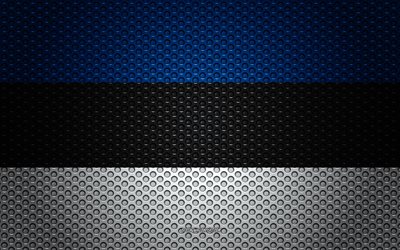 Bandeira da Est&#243;nia, 4k, arte criativa, a malha de metal textura, Estoniano bandeira, s&#237;mbolo nacional, Est&#243;nia, Europa, bandeiras de pa&#237;ses Europeus