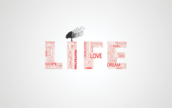 Life, word, typography art, creative inscription, letters of words, life concepts
