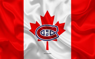 Montreal Canadiens, 4k, logo, emblem, silk texture, Canadian flag, Canadian hockey club, NHL, Quebec, Montreal, Canada, USA, National Hockey League, hockey, silk flag