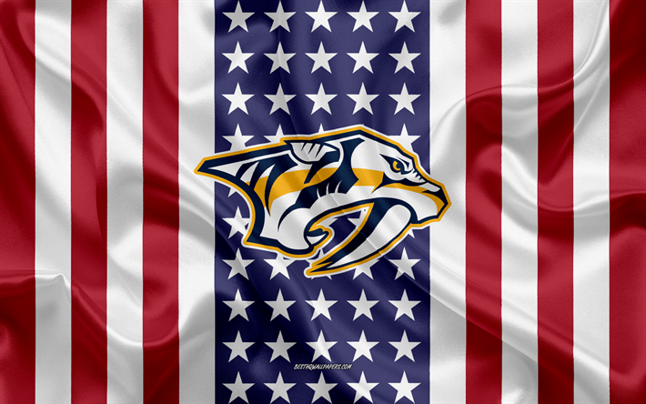 Nashville Predators, 4k, logo, stemma, seta, trama, bandiera Americana, American hockey club, NHL Nashville, Tennessee, USA, Hockey, hockey su ghiaccio, seta bandiera