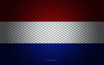 علم هولندا, 4k, الفنون الإبداعية, شبكة معدنية الملمس, هولندا العلم, الرمز الوطني, هولندا, أوروبا, أعلام الدول الأوروبية