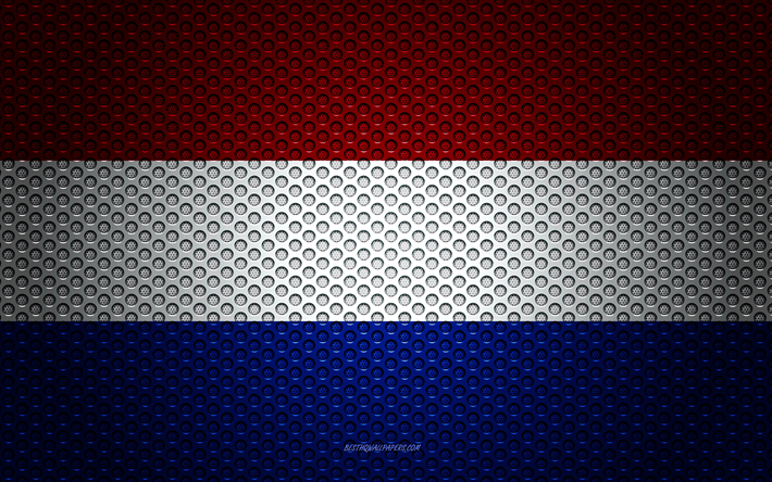 Avrupa &#252;lkeleri Hollanda bayrağı, 4k, yaratıcı sanat, metal mesh dokusu, Hollanda bayrak, ulusal sembol, Hollanda, Avrupa, bayraklar