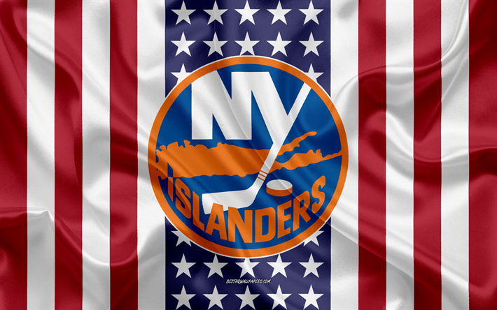 Islanders de New York, 4k, le logo, l&#39;embl&#232;me, la texture de la soie, American flag, American club de hockey, NHL, New York, &#233;tats-unis, la Ligue Nationale de Hockey, le Hockey, le drapeau de soie