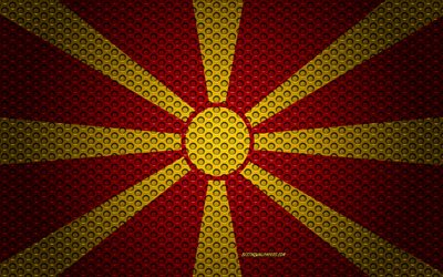 العلم من شمال مقدونيا, 4k, الفنون الإبداعية, شبكة معدنية, شمال مقدونيا العلم, الرمز الوطني, شمال مقدونيا, أوروبا, أعلام الدول الأوروبية