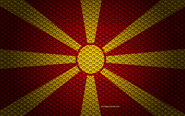 Flaggan i Norra Makedonien, 4k, kreativ konst, metalln&#228;t, Norra Makedonien flagga, nationell symbol, Norra Makedonien, Europa, flaggor f&#246;r Europeiska l&#228;nder