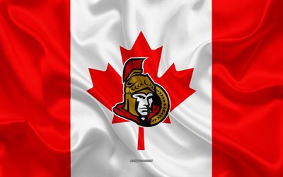 Senators de Ottawa, 4k, logotipo, emblema, de seda textura, bandera Canadiense, Canad&#225; hockey club, NHL, Ottawa, Ontario, Canad&#225;, estados UNIDOS, Liga Nacional de Hockey, Hockey, bandera de seda