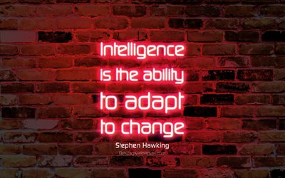 La inteligencia es la capacidad para adaptarse al cambio, 4k, p&#250;rpura pared de ladrillo, Stephen Hawking Comillas, popular entre comillas, texto de ne&#243;n, de inspiraci&#243;n, de Stephen Hawking, citas sobre el cambio