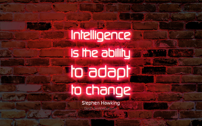 Intelligence is the ability to adapt to change, 4k, purple brick wall, Stephen Hawking Quotes, popular quotes, neon text, inspiration, Stephen Hawking, quotes about change