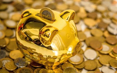 golden spargris, mynt, pengar, spara pengar-konceptet, ins&#228;ttning, piggy bank