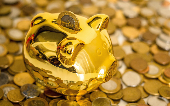 golden spargris, mynt, pengar, spara pengar-konceptet, ins&#228;ttning, piggy bank