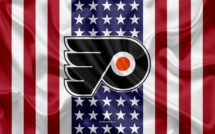 Philadelphia Flyers, 4k, logo, stemma, seta, trama, bandiera Americana, American hockey club, NHL, Philadelphia, Pennsylvania, USA, Hockey, hockey su ghiaccio, seta bandiera