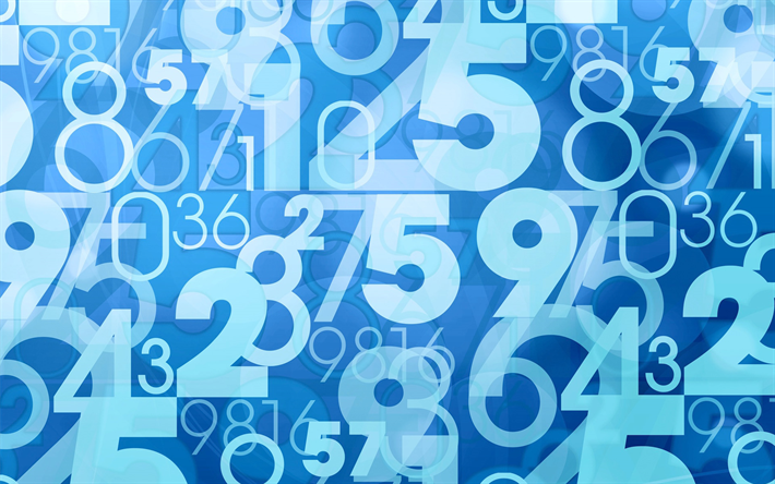 chiffres bleus de fond, concept math&#233;matique, les nombres, les chiffres de la texture, fonds bleus