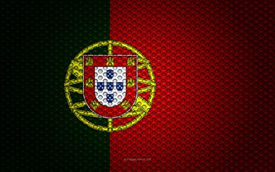 علم البرتغال, 4k, الفنون الإبداعية, شبكة معدنية الملمس, البرتغالية العلم, الرمز الوطني, البرتغال, أوروبا, أعلام الدول الأوروبية