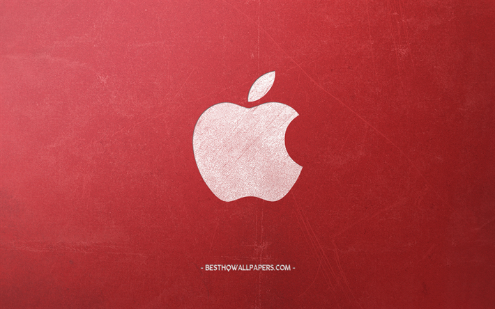 Apple, White chalk logo, creative art, red retro background, retro style, emblem, Apple logo