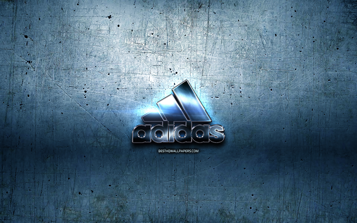 Adidas logosu, mavi metal arka plan, yaratıcı, Adidas, marka, 3D logosu, sanat, Adidas metal logo