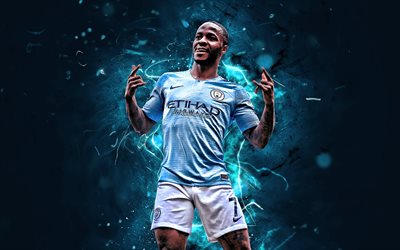 Raheem Sterling, 2019, Manchester City FC, gol, İngiltere, futbol, Raheem Shaquille Sterling, İngiliz futbolcular, Premier Lig, Manchester, neon ışıkları