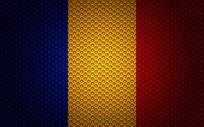 Bandera de Rumania, 4k, arte creativo, malla de metal textura, rumano bandera, s&#237;mbolo nacional, Rumania, Europa, las banderas de los pa&#237;ses Europeos