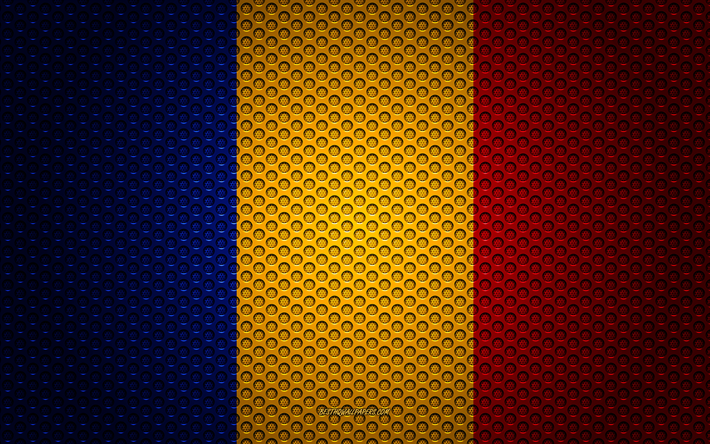 Lippu Romania, 4k, creative art, metalli mesh rakenne, Romanian lippu, kansallinen symboli, Romania, Euroopassa, liput Euroopan maiden