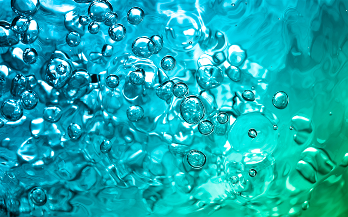 4k, 水泡質感, 水中, バブル水, 水質感, 青い水の背景, マクロ