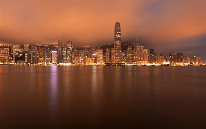 香港, 夜, 高層ビル群, 湾, 近代建築, 近代ビル, スカイライン, 中国