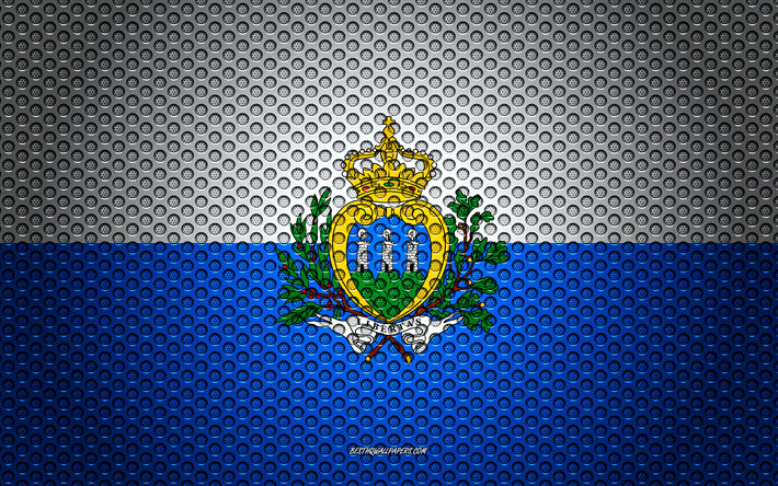 العلم سان مارينو, 4k, الفنون الإبداعية, شبكة معدنية الملمس, سان مارينو العلم, الرمز الوطني, سان مارينو, أوروبا, أعلام الدول الأوروبية