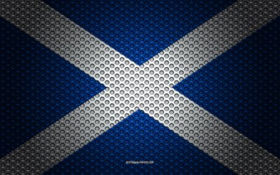 Flagga av Skottland, 4k, kreativ konst, metalln&#228;t konsistens, den Skotska flaggan, nationell symbol, Skottland, Europa, flaggor f&#246;r Europeiska l&#228;nder