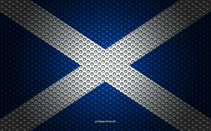 Flag of Scotland, 4k, creative art, metal mesh texture, the Scottish flag, national symbol, Scotland, Europe, flags of European countries