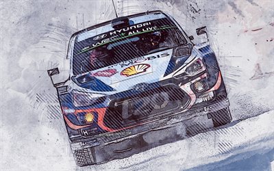Sebastien Loeb, Hyundai i20 Coupe WRC, el franc&#233;s piloto de rally, Hyundai Shell Mobis WRT, grunge arte, arte creativo, del Campeonato Mundial de Rally, Ford