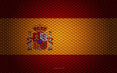 Spansk flagg, 4k, kreativ konst, metalln&#228;t konsistens, Spanska flaggan, nationell symbol, Spanien, Europa, flaggor f&#246;r Europeiska l&#228;nder