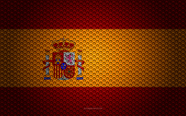 علم إسبانيا, 4k, الفنون الإبداعية, شبكة معدنية الملمس, العلم الاسباني, الرمز الوطني, إسبانيا, أوروبا, أعلام الدول الأوروبية