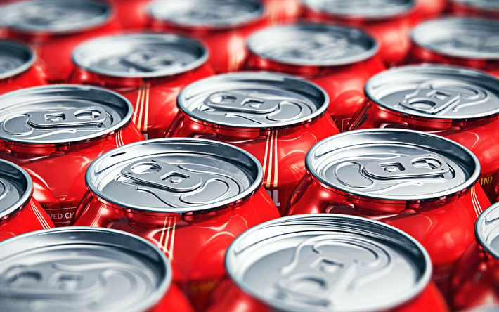 Coca Cola, soft drinks, cans of Coca Cola, red cans, macro, Coca Cola in cans, close-up, cans textures