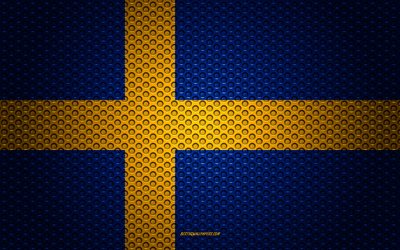 علم السويد, 4k, الفنون الإبداعية, شبكة معدنية الملمس, العلم السويدي, الرمز الوطني, السويد, أوروبا, أعلام الدول الأوروبية