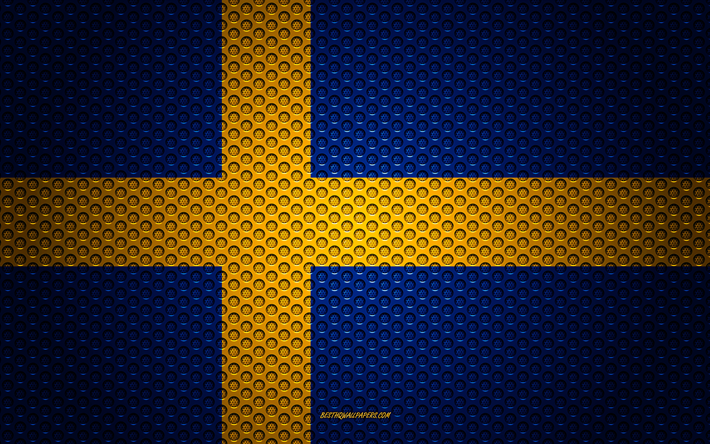 علم السويد, 4k, الفنون الإبداعية, شبكة معدنية الملمس, العلم السويدي, الرمز الوطني, السويد, أوروبا, أعلام الدول الأوروبية