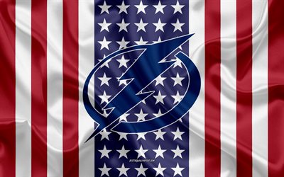 Lightning de Tampa Bay, 4k, le logo, l&#39;embl&#232;me, la texture de la soie, American flag, American club de hockey, NHL, Floride, etats-unis, la Ligue Nationale de Hockey, hockey sur glace, le drapeau de soie