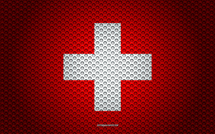 علم سويسرا, 4k, الفنون الإبداعية, شبكة معدنية الملمس, سويسرا العلم, الرمز الوطني, سويسرا, أوروبا, أعلام الدول الأوروبية